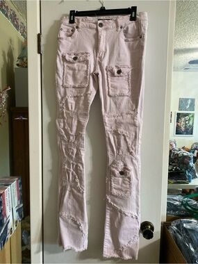 Majestik Women's Pink Distressed Patchwork cargo Jeans